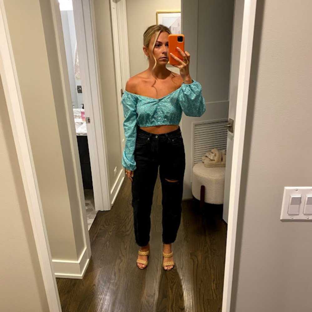 Off the shoulder blue top